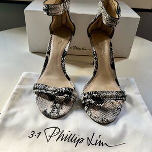 3.1 Phillip Lim Black and Cream Snakeskin Heels